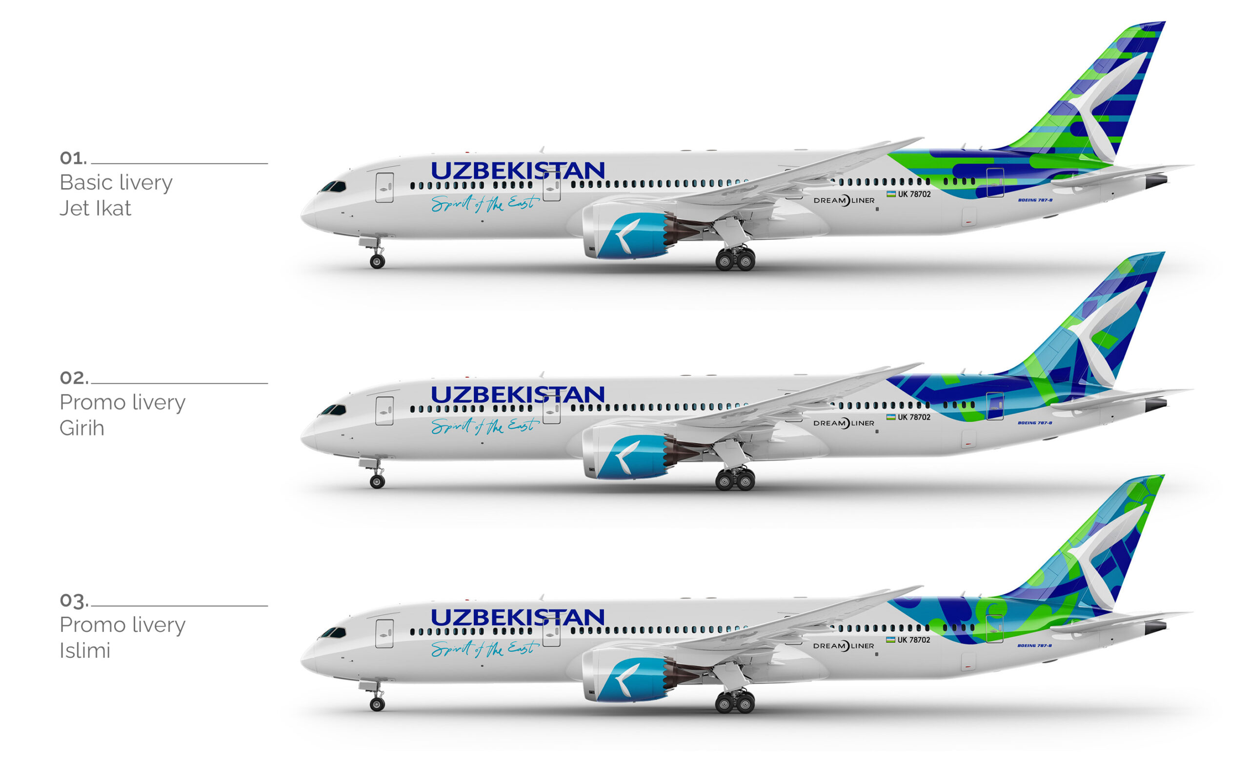 basic livery design, promotional livery, airlines identity, boeing, promo pattern, rebranding, uzbekistan branding, ikat, girikh, islimi