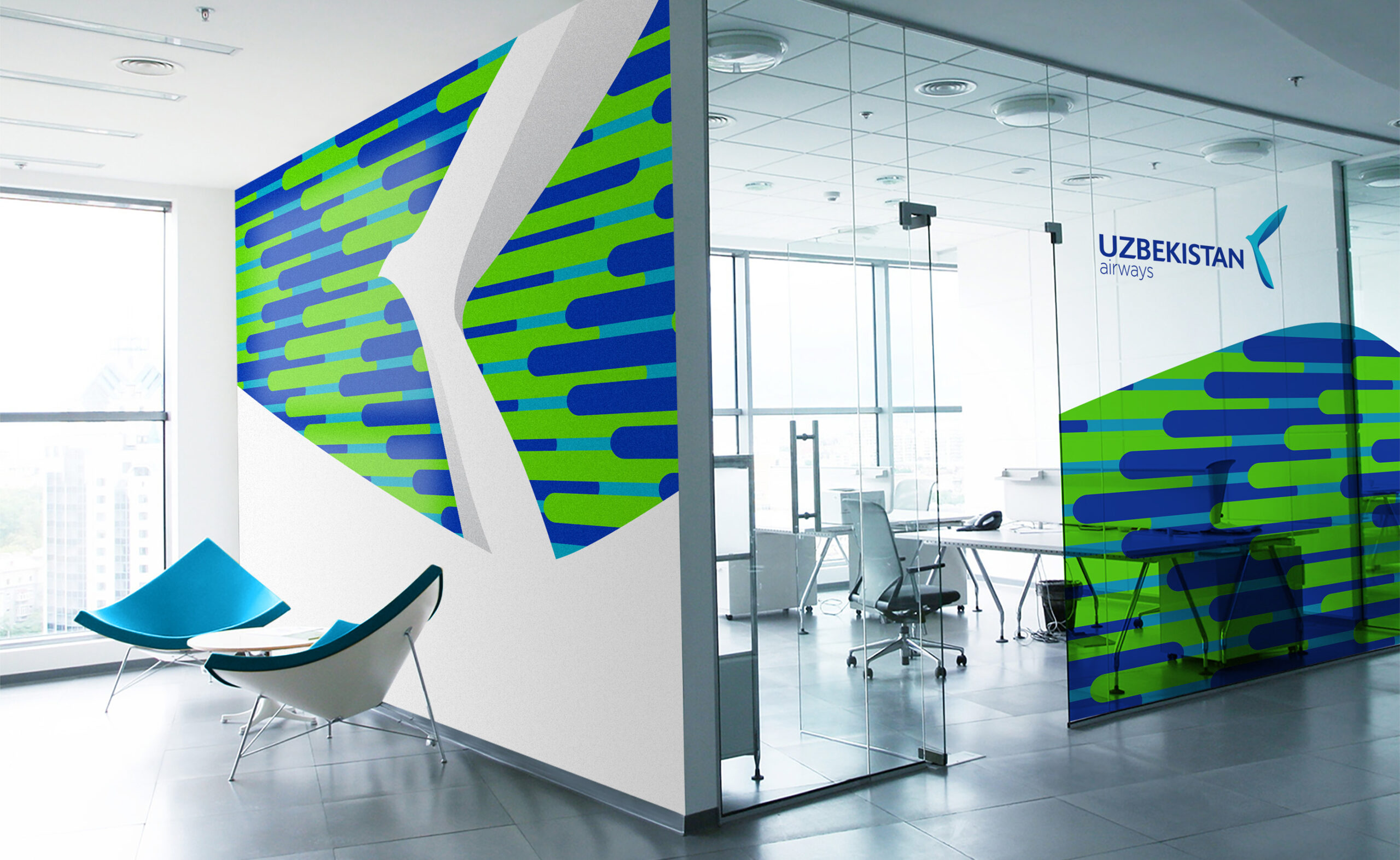 Uzbekistan airways, rebranding, office branding, logo design, identity, bird humo, pattern design, supergraphics