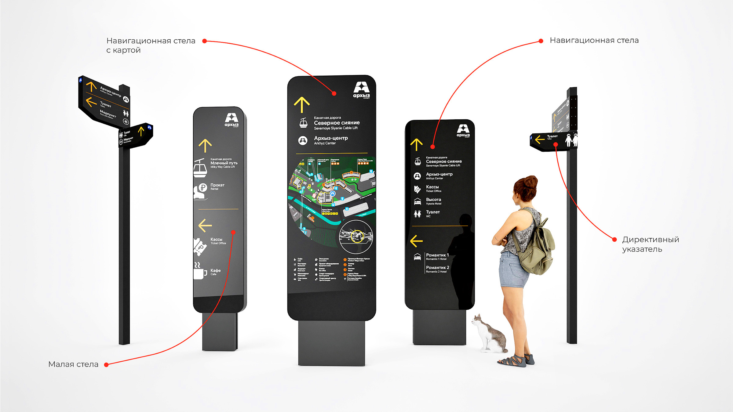 курорт Архыз, проектирование пространства, навигация, указатели, иконки, 3d-модель, 3d, лого, средовые объекты